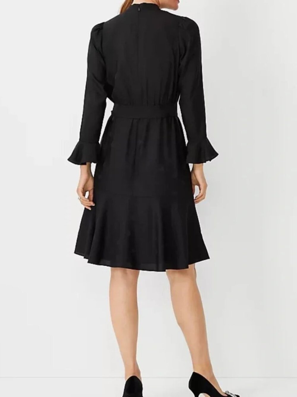 Black Ann Taylor Dotted Mock Neck Flounce Dress - Cocktail party/funeral/wedding - Picture 2 of 9